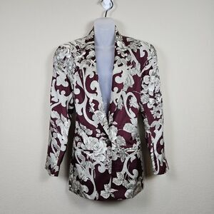 Vintage Washed Silk Blazer Women 2 Jacket Floral Elegant Formal Baroque Burgundy